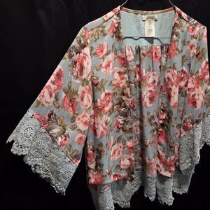 Esley Witchy Boho Festival Floral Lace Open Front Kimono Cardigan Sz M SEE NOTE